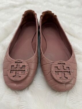 Tory Burch Minnie Flats Size 6 Pink Leather Logo Ballet Shoes